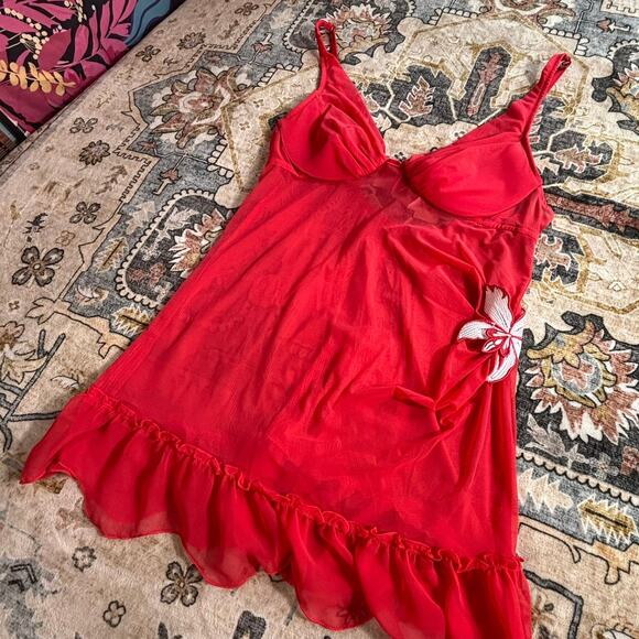 Vintage Victoria's Secret Red Lace Mesh Lingerie Dress Top Size 34B Small Y2k - Picture 2 of 8